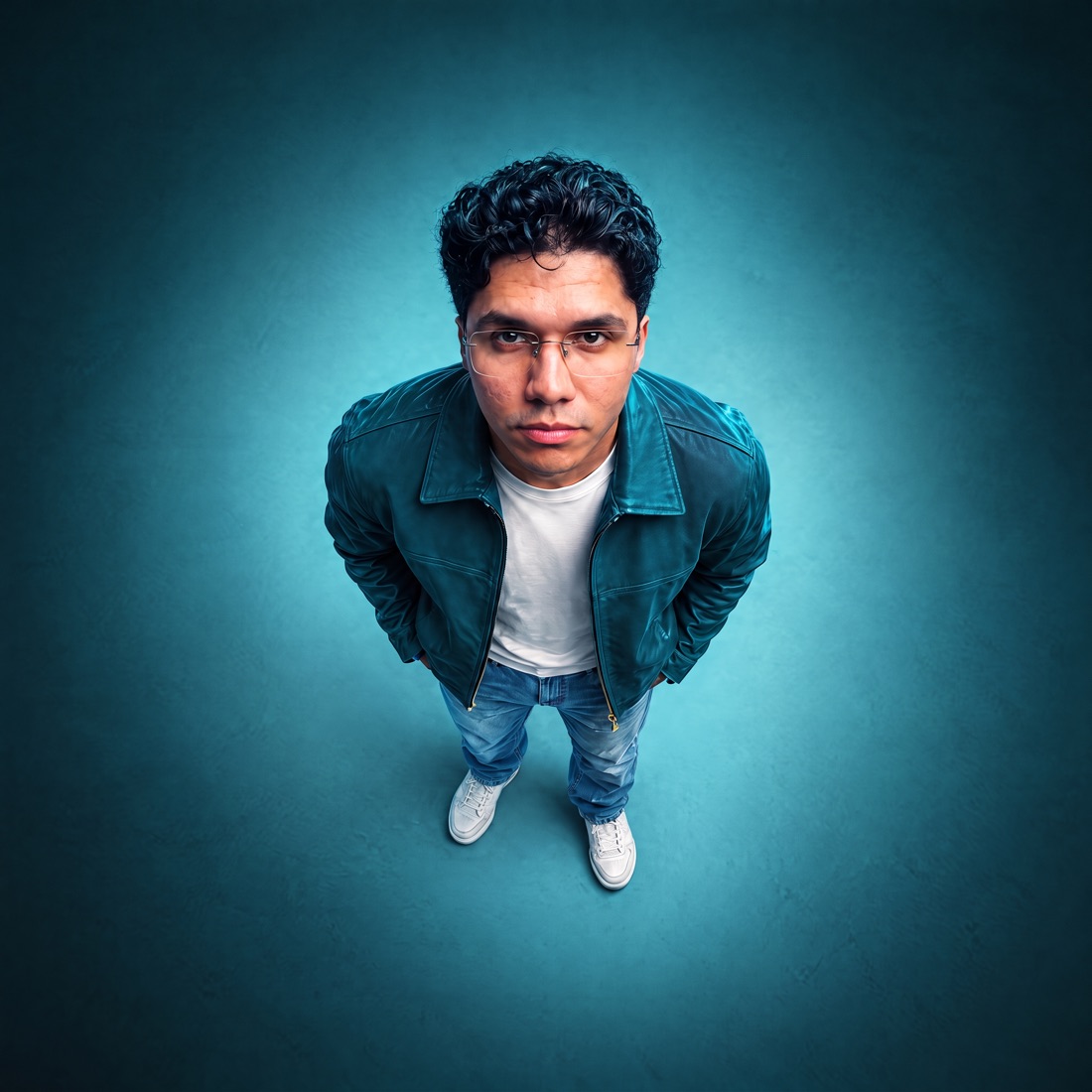 Renan Dantas visto de cima, com luz ciano
